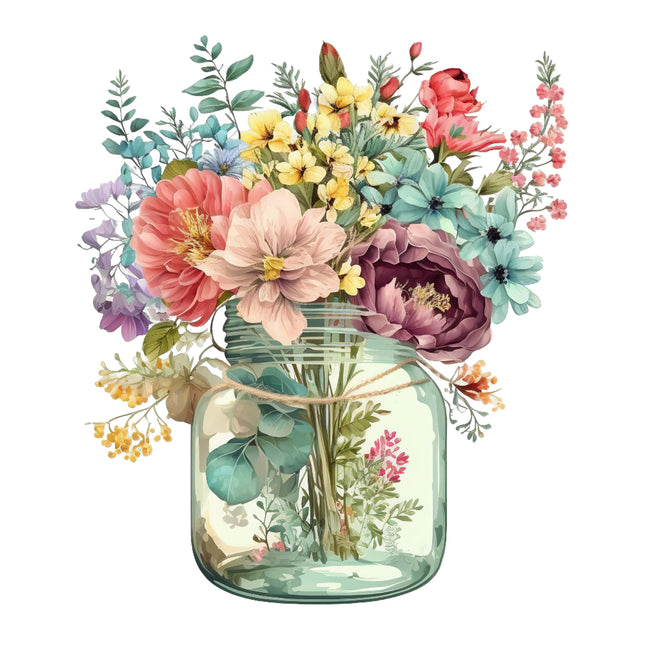 A digitally printed 100% cotton fabric panel featuring a jar with a variety of colorful flowers.