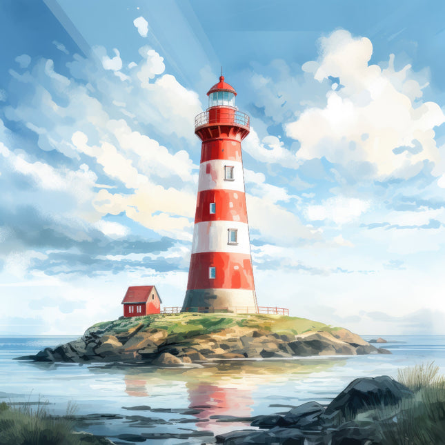 A digitally printed 100% cotton fabric panel featuring a red and white lighthouse with a reflection in the water, a small house, and a bright blue sky with clouds.