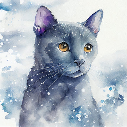 A digitally printed 100% cotton fabric panel featuring a cat with a watercolor effect in blue and purple hues.