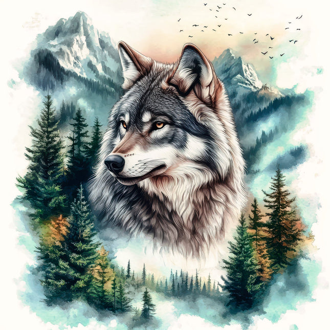 Wolf in a forest with mountains and trees in the background fabric panel