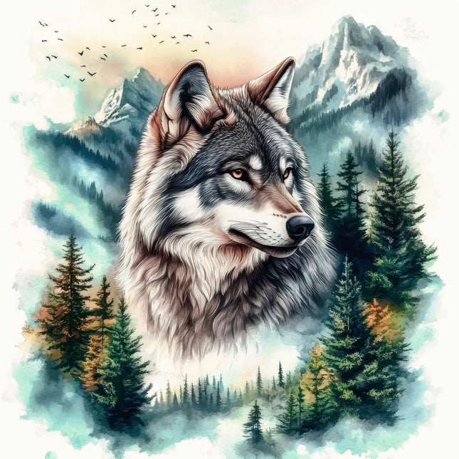 Wolf in a forest with mountains and trees fabric panel