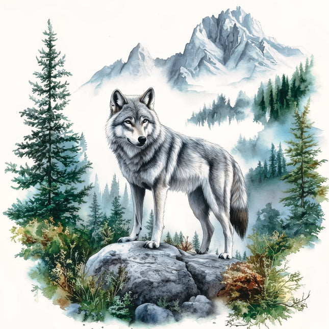 Wolf standing on a rock with mountains fabric panel