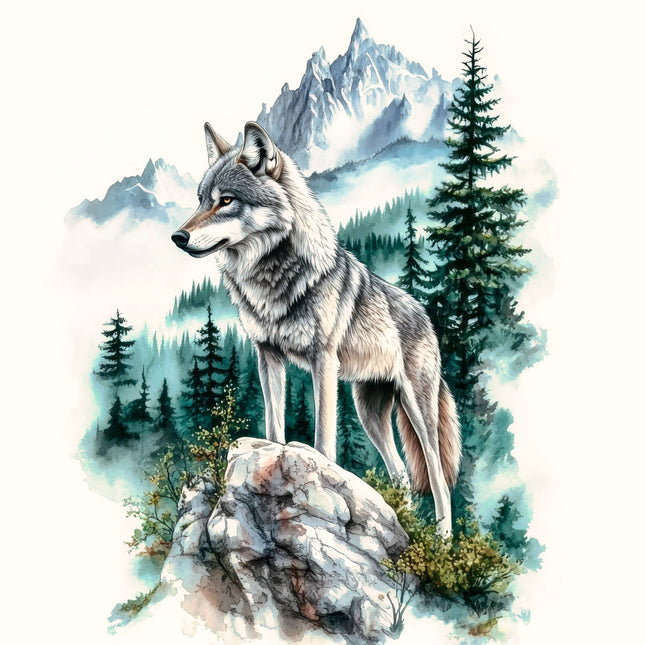 Wolf standing on a rock with a mountain fabric panel