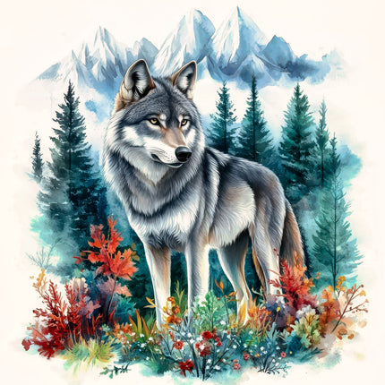 Wolf standing in a forest with mountains fabric panel
