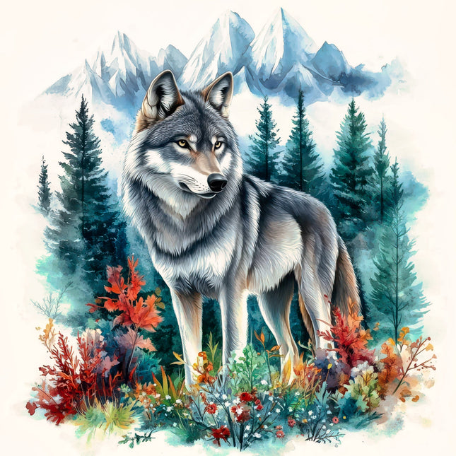 Wolf standing in a forest with mountains fabric panel