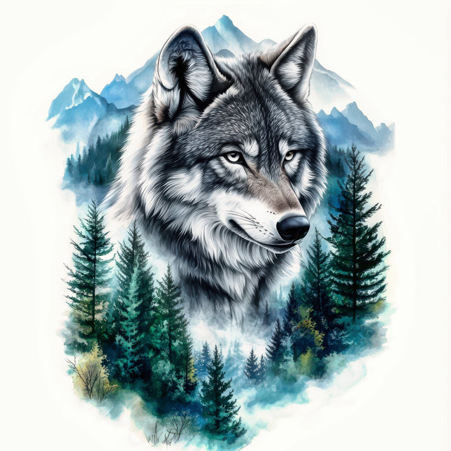 Wolf in a forest with mountains fabric panel