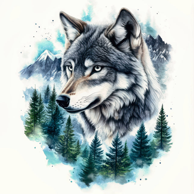 Wolf with a forest and mountain background fabric panel
