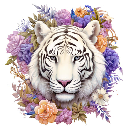 White tiger surrounded by colorful flowers quilt panel