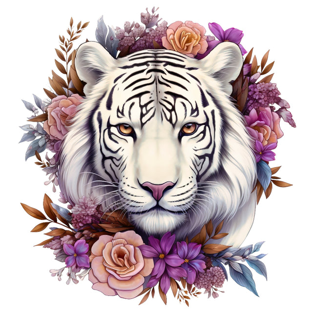 White tiger surrounded by flowers fabric panel