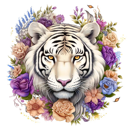 White tiger surrounded by colorful flowers quilt block