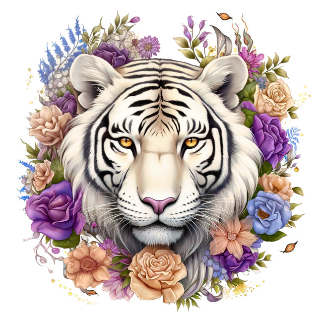White tiger surrounded by colorful flowers quilt block