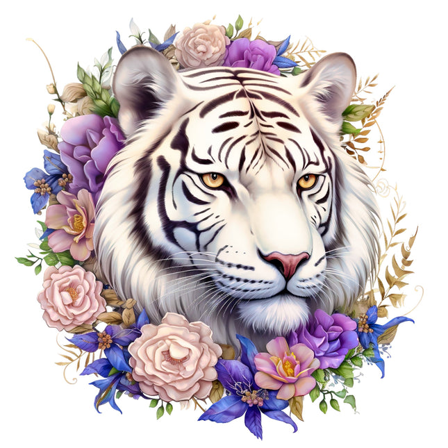 White tiger surrounded by colorful flowers fabric panel