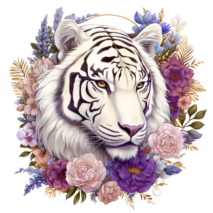 White tiger surrounded by colorful flowers fabric panel