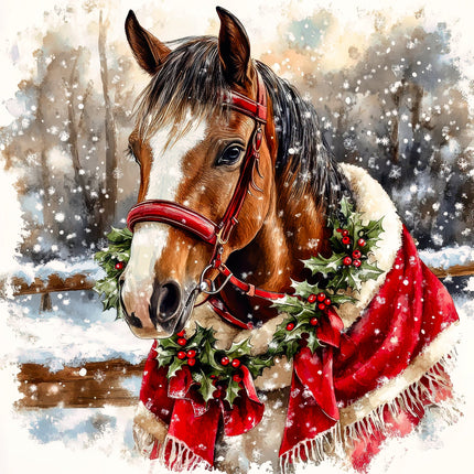 Horse wearing a red harness and festive wreath in a snowy landscape fabric panel