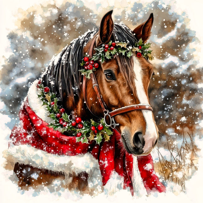 Horse wearing a red scarf and Christmas wreath in a snowy setting quilt panel