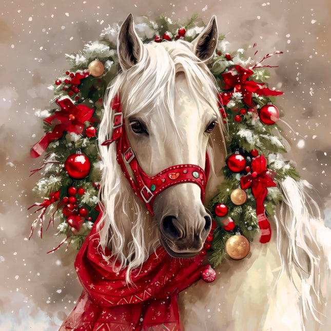 White horse with a red bridle and scarf, surrounded by Christmas decorations fabric panel
