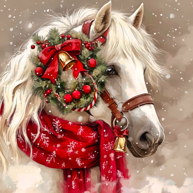 White horse wearing a red scarf, wreath, and bells fabric panel