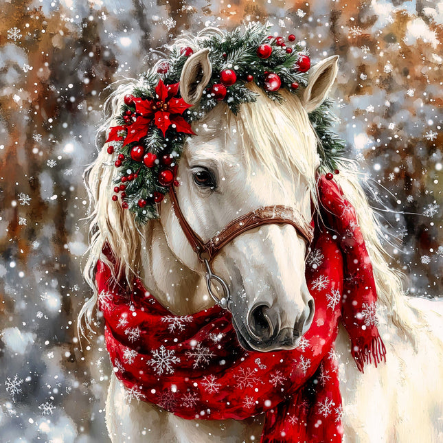 White horse wearing a festive wreath and red scarf in a snowy setting fabric panel