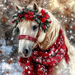 Horse wearing a festive wreath and scarf in a snowy setting fabric panel