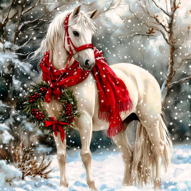 White horse with a red scarf and wreath in a snowy forest fabric panel