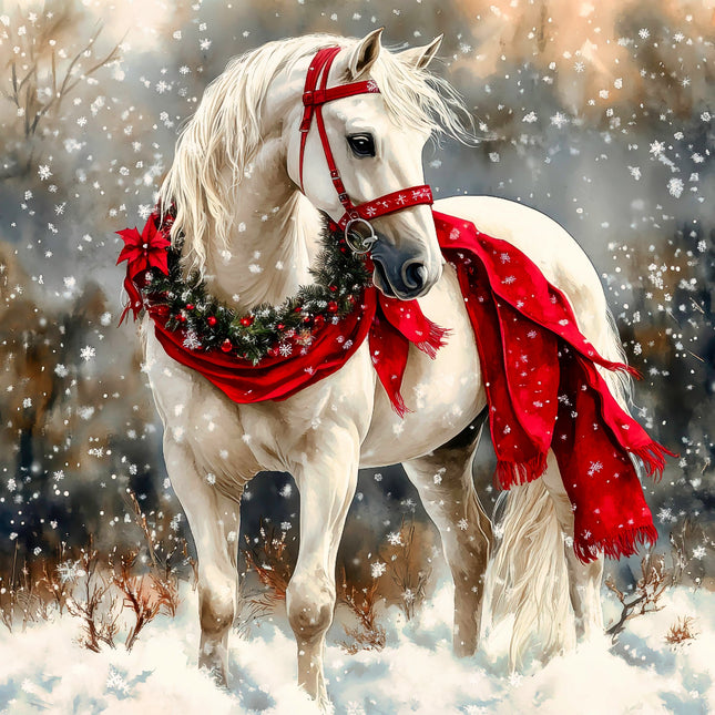 White horse with red decorations in a snowy landscape quilt panel