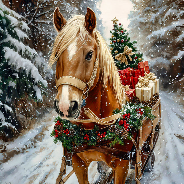 Horse pulling a sleigh with Christmas presents fabric panel