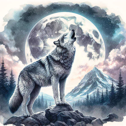 Wolf howling at a full moon with mountains fabric panel