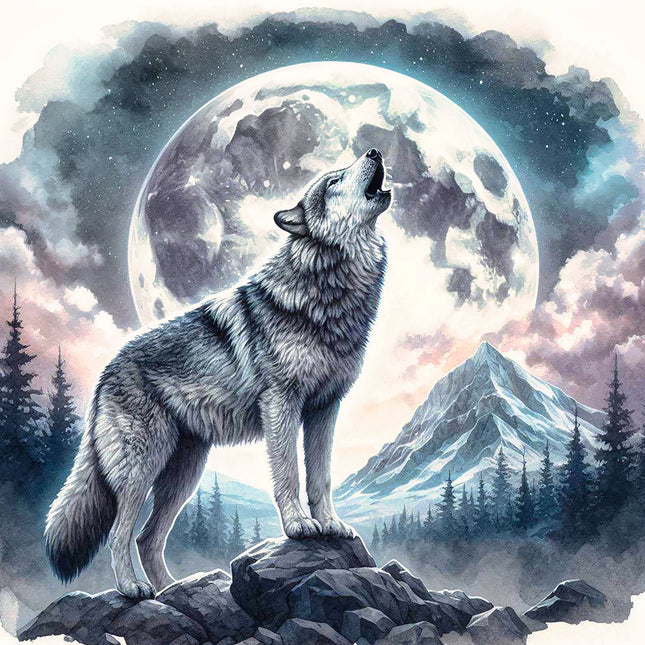 Wolf howling at a full moon with mountains fabric panel