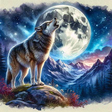 Wolf howling at a full moon with mountains and stars in the background fabric panel