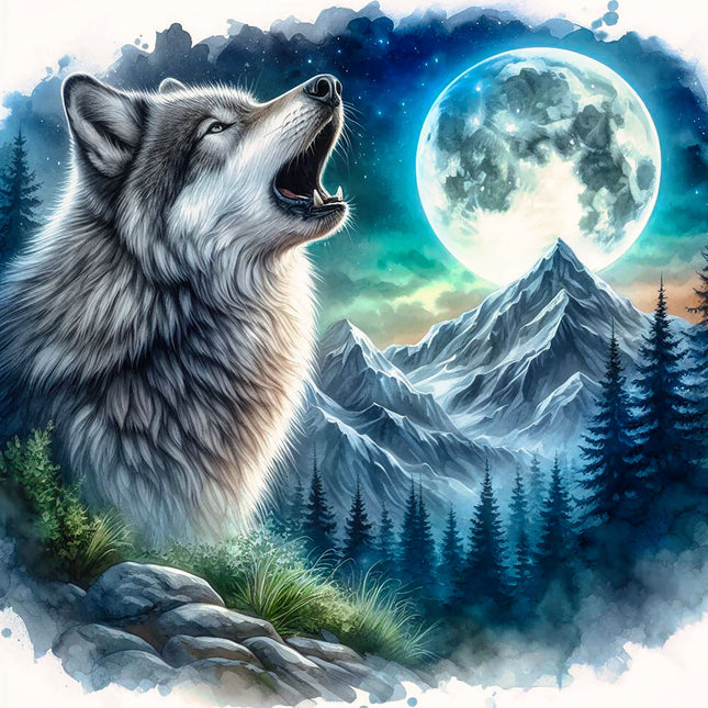 Wolf howling at a full moon with mountains fabric panel