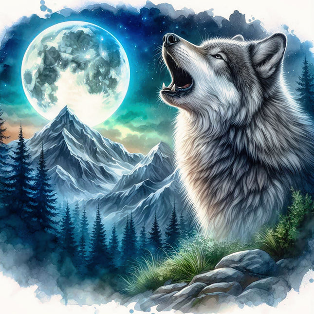 Wolf howling at a full moon with mountains and trees fabric panel
