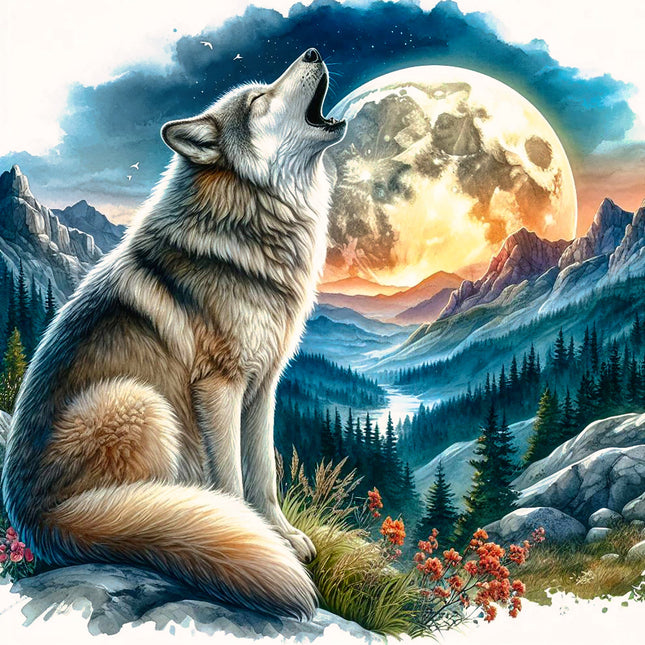 Wolf howling at a full moon fabric panel