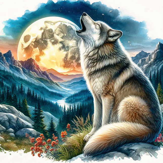 Wolf howling at a full moon in a mountainous landscape fabric panel