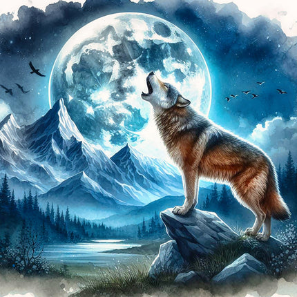 Wolf howling at a full moon fabric panel