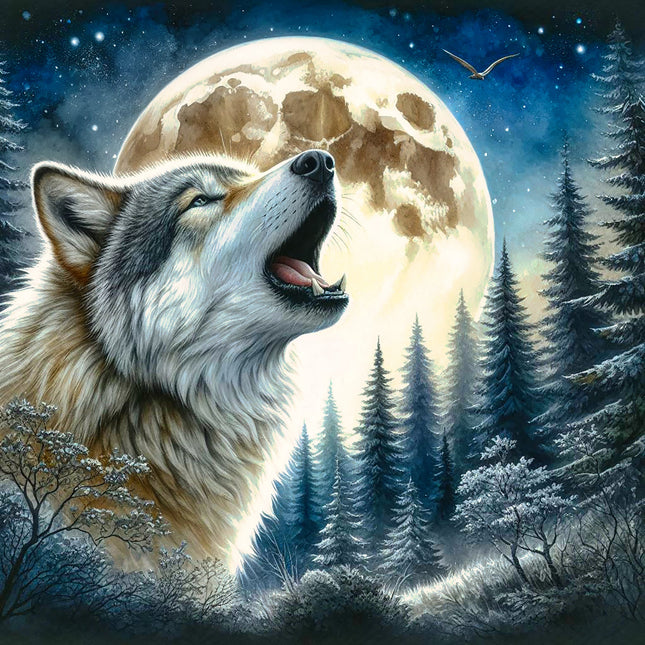 Wolf howling at a full moon in a forest quilt panel