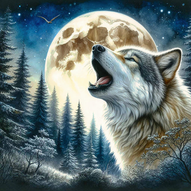 Wolf howling at a full moon in a forest fabric panel