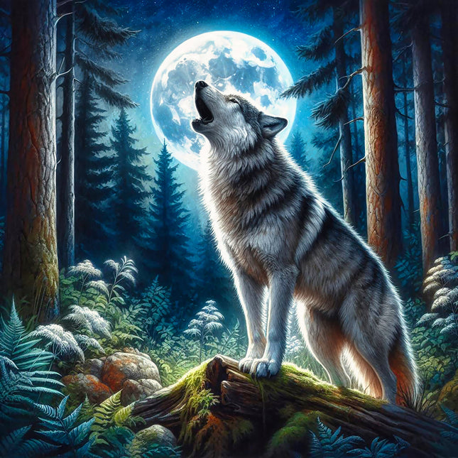 Wolf howling at a full moon in a forest quilt panel