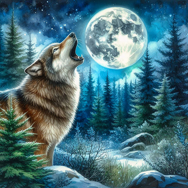 Wolf howling at a full moon in a forest setting fabric panel