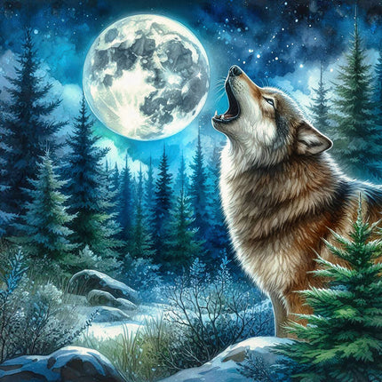 Wolf howling at a full moon fabric panel