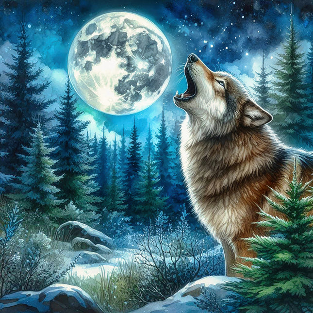 Wolf howling at a full moon fabric panel