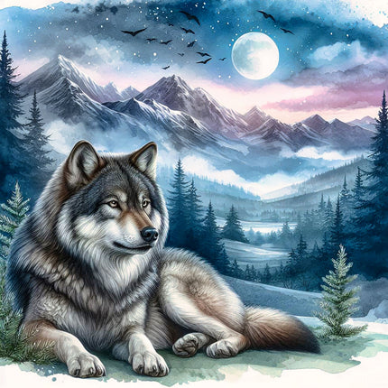 Wolf sitting in a snowy landscape with mountains and a full moon fabric panel