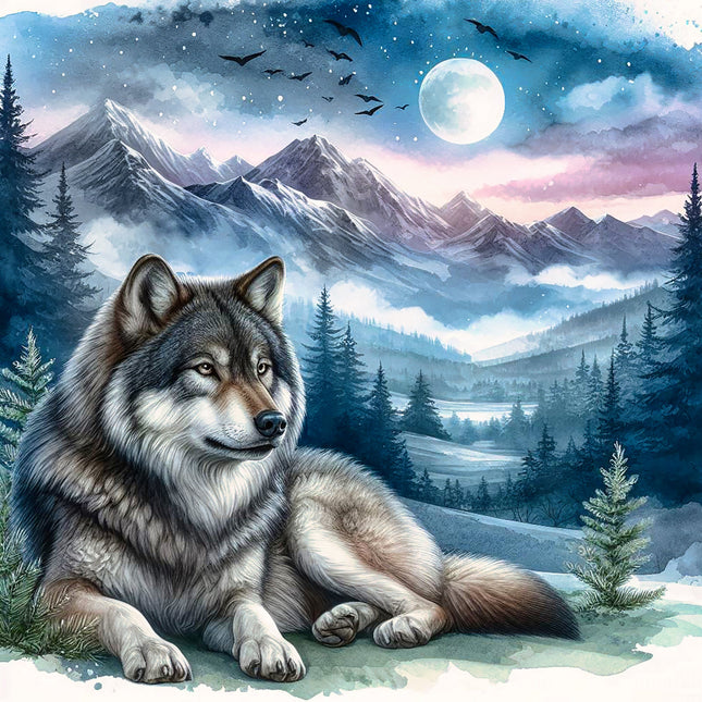 Wolf sitting in a snowy landscape with mountains and a full moon fabric panel