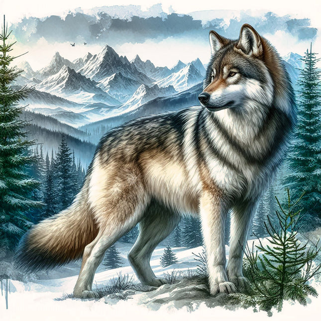 Wolf standing in a snowy landscape with mountains and trees quilt panel