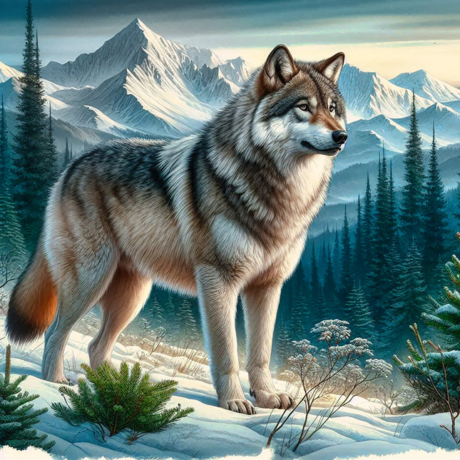 Wolf standing in a snowy landscape with mountains and trees fabric panel
