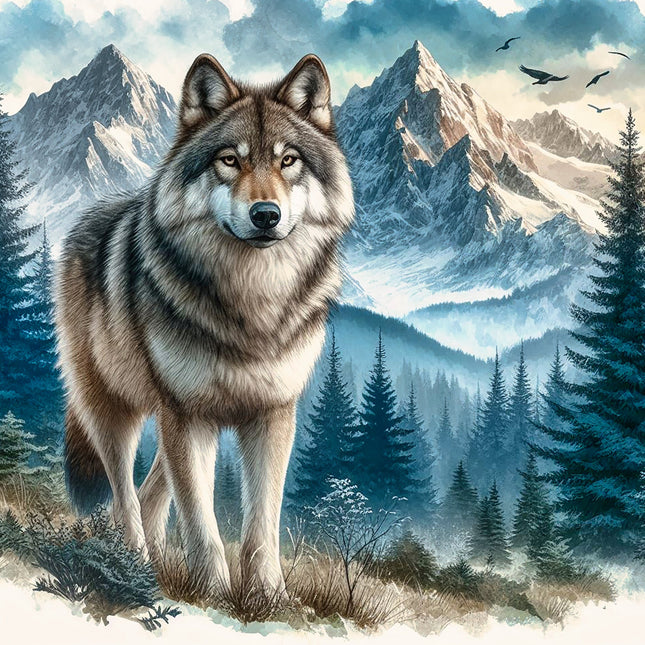 Wolf standing in a snowy landscape with mountains and trees fabric panel