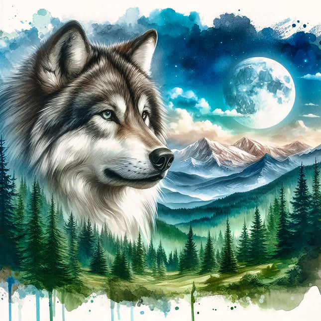 Wolf with a mountain and moon landscape quilt panel
