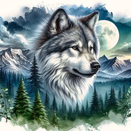 Wolf in front of a mountainous landscape with trees and a full moon fabric panel