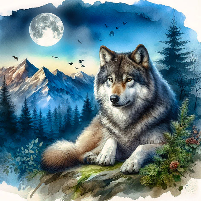 Wolf sitting on a rock with mountains, trees, and a full moon fabric panel