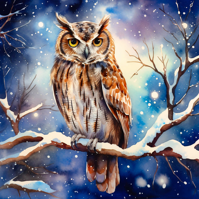 Owl perched on a branch in a snowy forest at night fabric panel