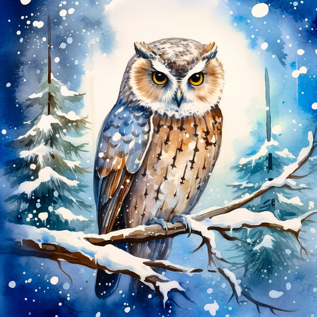 owl on a snowy branch fabric panel